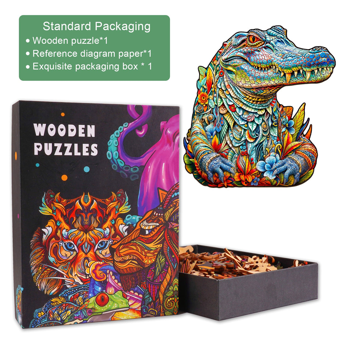 Colorful crocodile wooden jigsaw puzzle set in an exquisite box, perfect for enhancing focus and puzzle-solving skills.