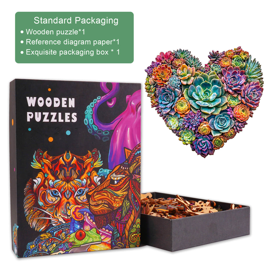 Colorful Heartfelt Succulents Wooden Jigsaw Puzzle with vibrant packaging and puzzle pieces, ideal for mind games.