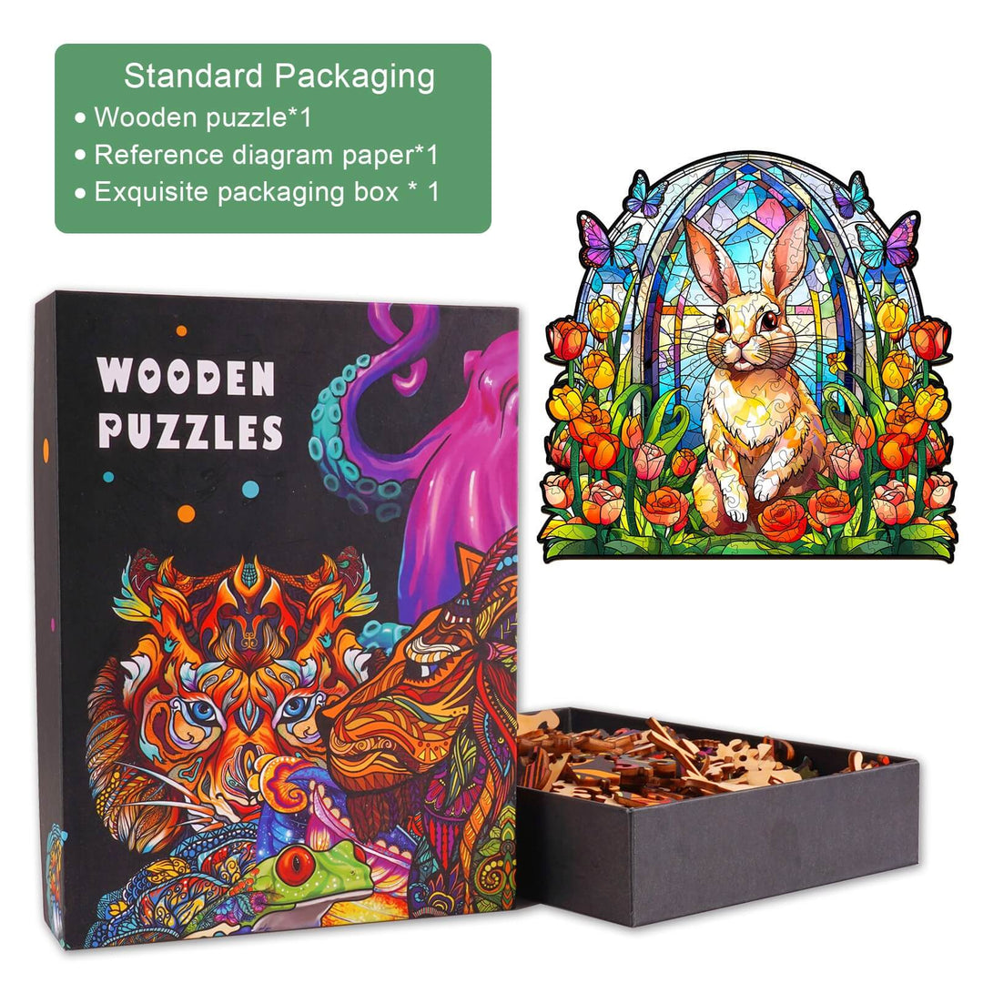 Stained Glass Rabbit Wooden Jigsaw Puzzle in a beautifully designed box with colorful artwork.