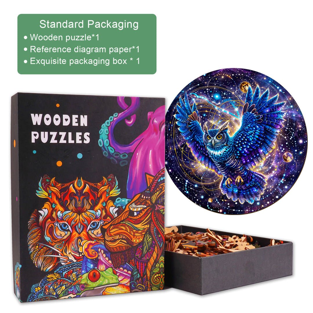 Galaxy Owl-1 Wooden Jigsaw Puzzle box and pieces, featuring vibrant owl design and packaging details.