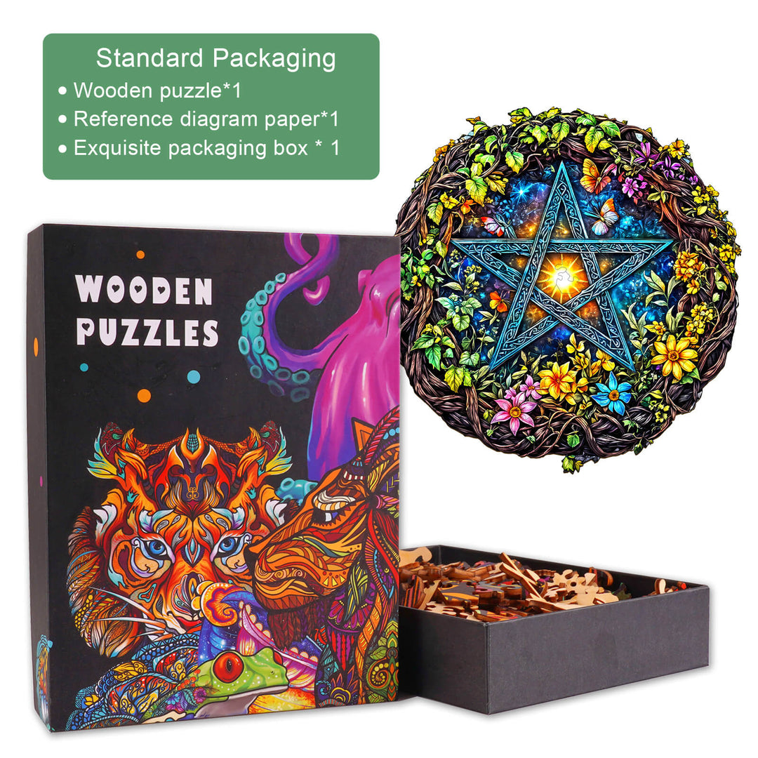 Natural Starburst wooden jigsaw puzzle set featuring vibrant design and exquisite packaging for engaging mind games.