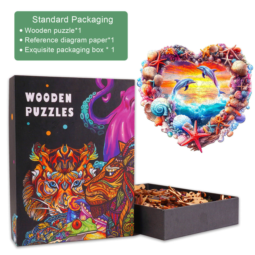 Coral and Dolphin wooden jigsaw puzzle in box, showcasing vibrant underwater design and packaging details.