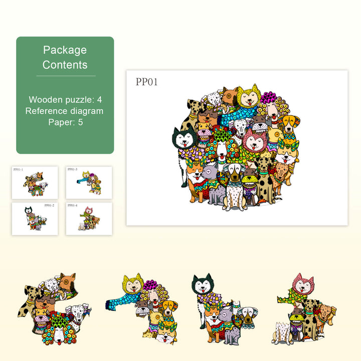 Colorful wooden jigsaw puzzle featuring various cartoon dogs and cats, designed for engaging mind games and focus.
