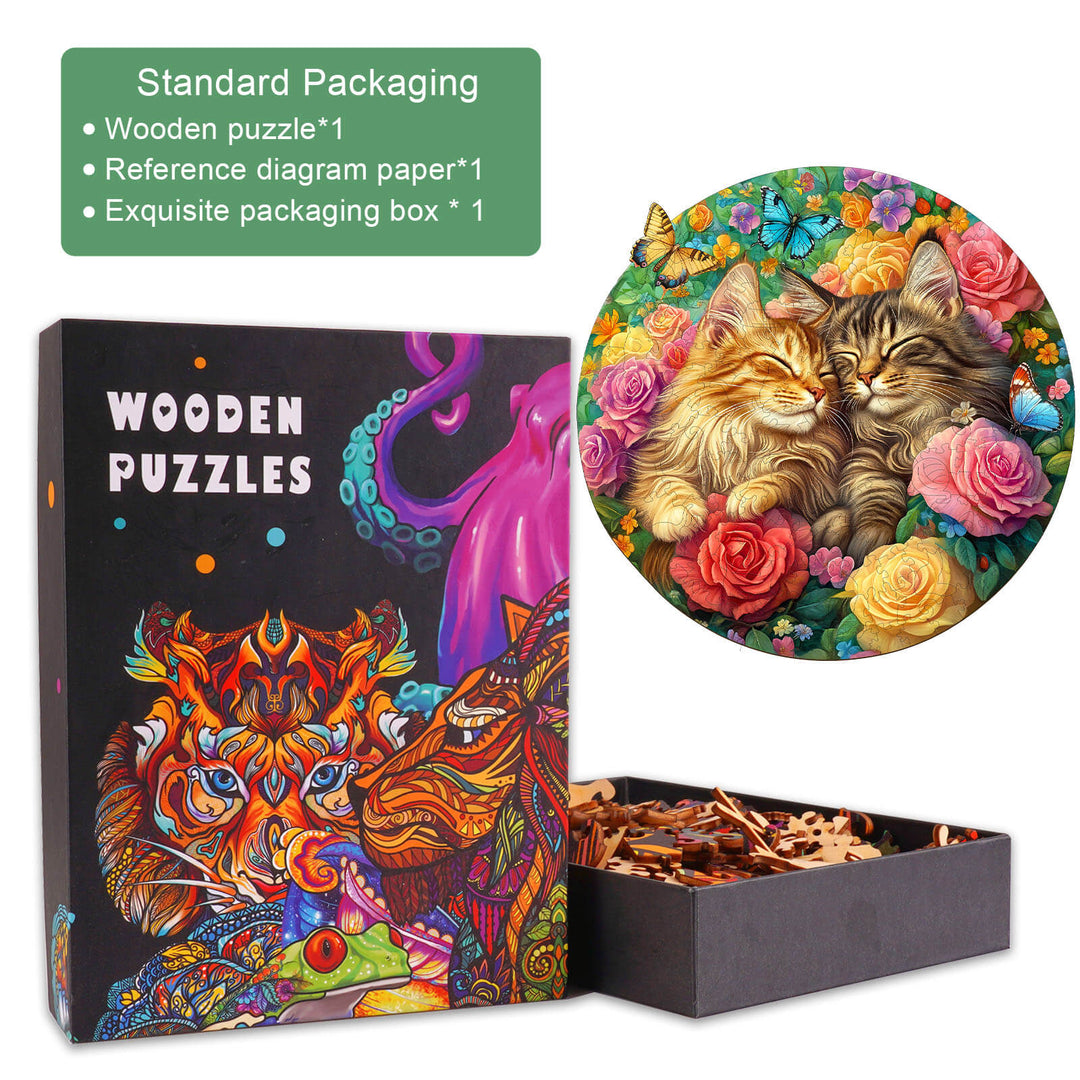Cats in Love-2 wooden jigsaw puzzle packaging with colorful cat art and puzzle pieces inside.
