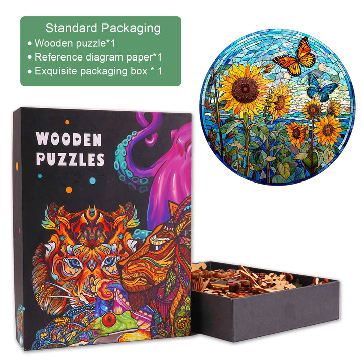 Stained Glass Sunflower wooden jigsaw puzzle in stylish packaging with illustrations and vibrant colors, perfect for puzzle lovers.