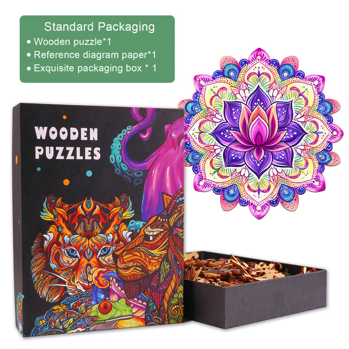 Mandala Lotus-2 wooden jigsaw puzzle in a beautifully designed box with colorful puzzle pieces.