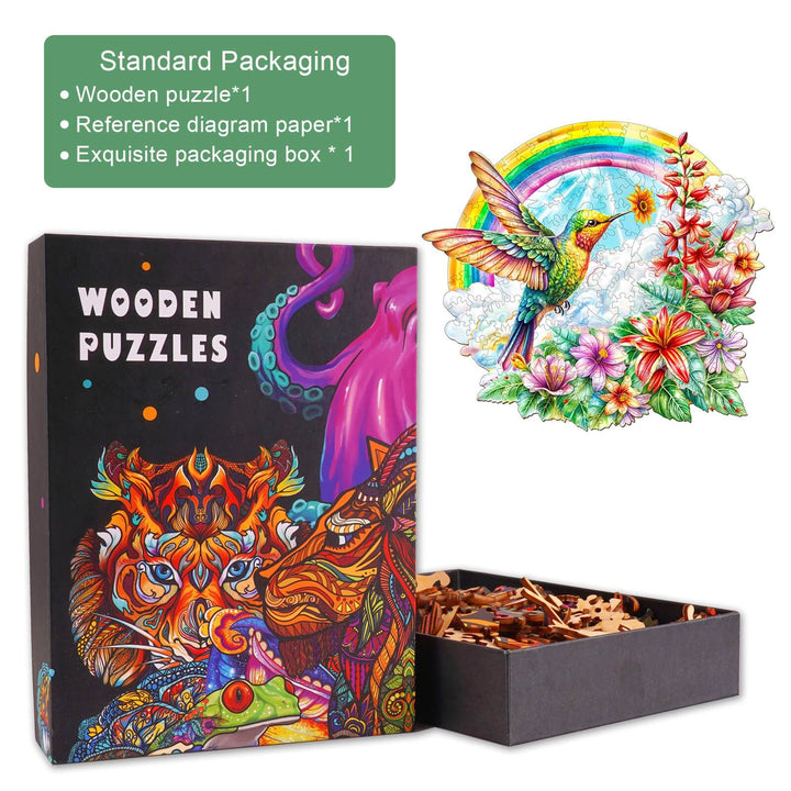 Angel Hummingbird Wooden Jigsaw Puzzle in exquisite packaging, featuring vibrant colors and detailed design for mind games.