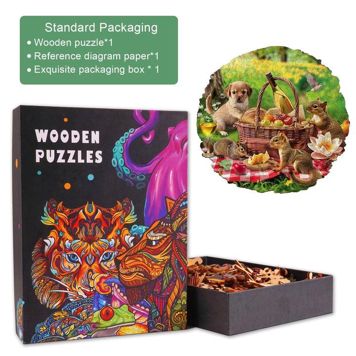 Animal Picnic wooden jigsaw puzzle featuring vibrant artwork and a themed box, perfect for family fun and mind games.
