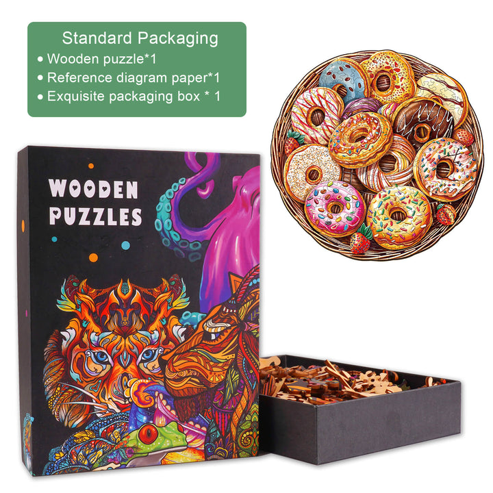 Colorful Donuts wooden jigsaw puzzle in an exquisite box, perfect for mind games and boosting focus.