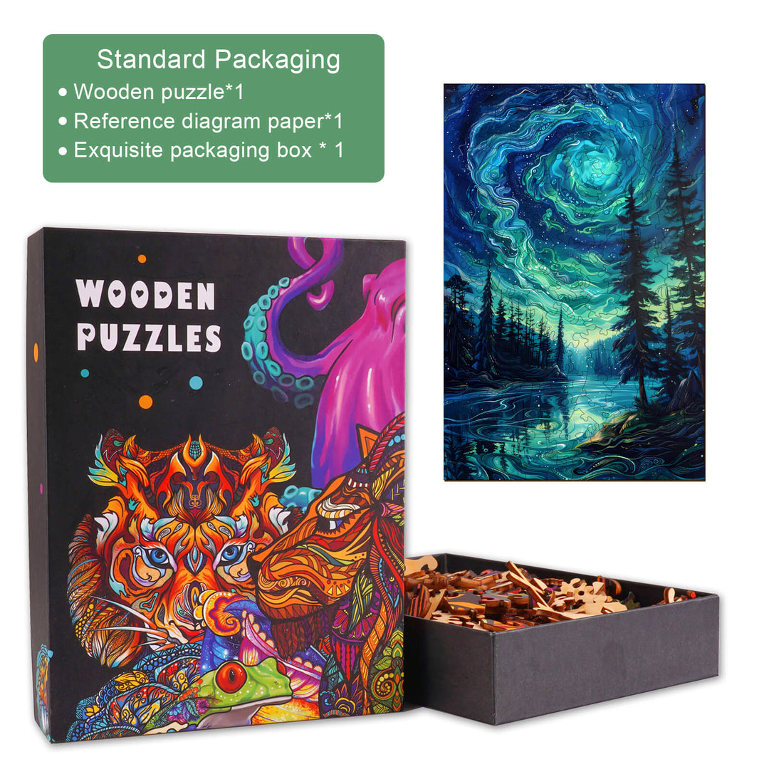 Night Aurora-2 wooden jigsaw puzzle with vibrant artwork and packaging, perfect for enhancing focus and cognitive skills.