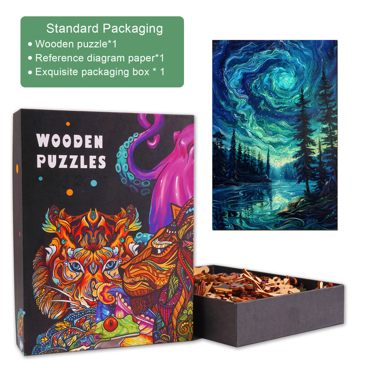 Night Aurora-2 wooden jigsaw puzzle with vibrant artwork and packaging, perfect for enhancing focus and cognitive skills.