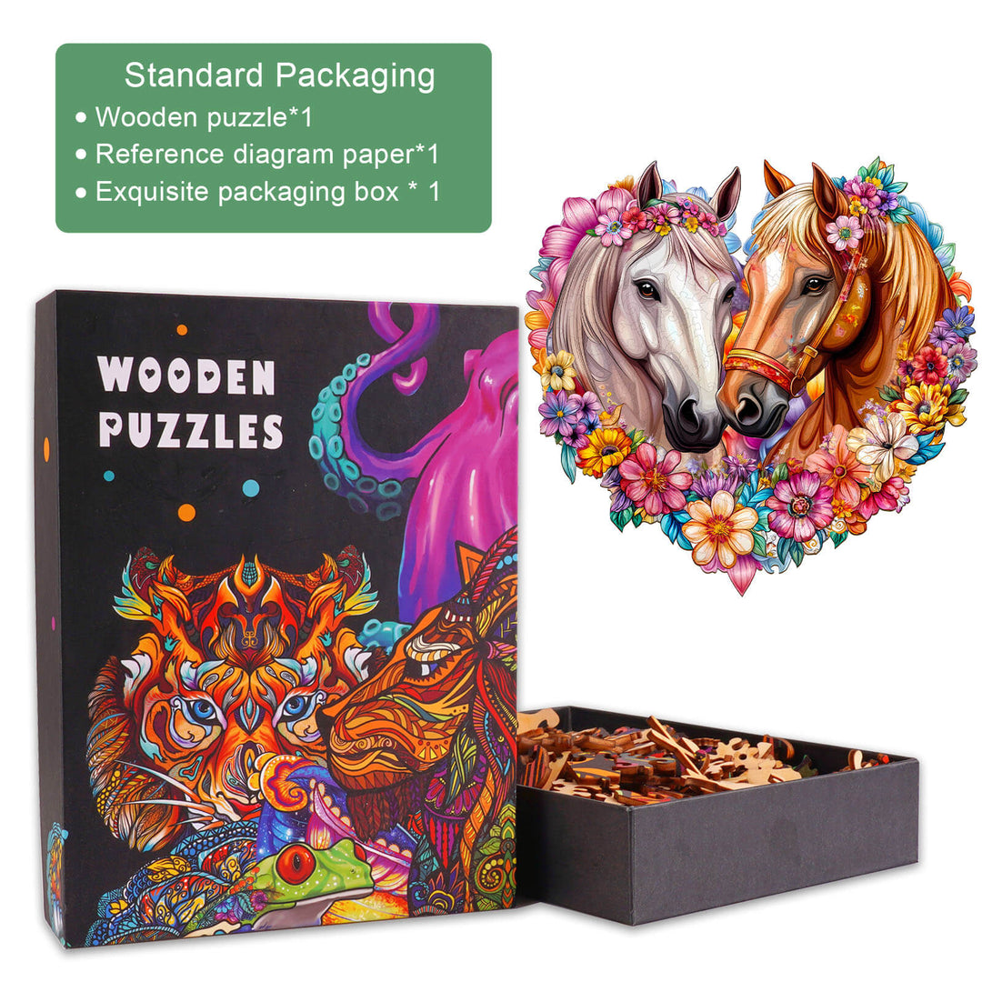 Horse in Love wooden jigsaw puzzle box with vibrant design, includes puzzle pieces and reference diagram for an engaging experience.