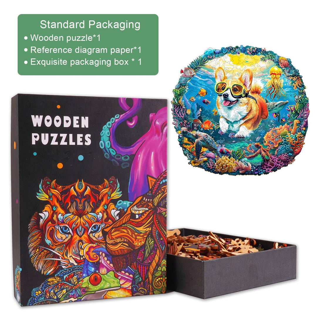 Diving Corgi wooden jigsaw puzzle in vibrant packaging with colorful ocean scene, promotes focus and mental skills.