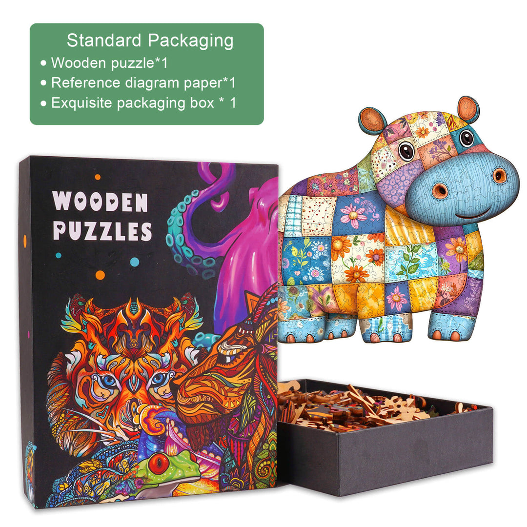 Patchwork Hippo Wooden Jigsaw Puzzle in packaging, featuring colorful design and wooden pieces for mind-engaging fun.