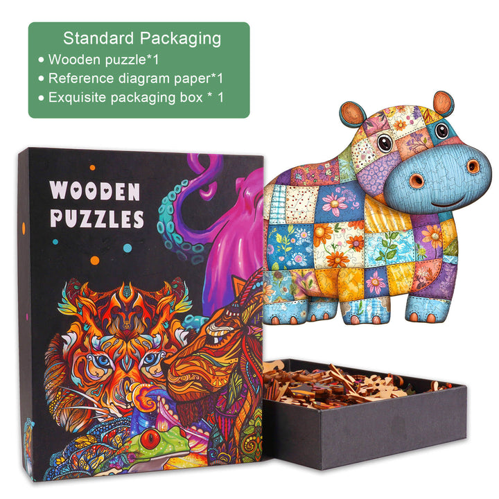 Patchwork Hippo Wooden Jigsaw Puzzle in packaging, featuring colorful design and wooden pieces for mind-engaging fun.