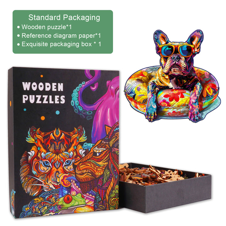 Colorful packaging of a French Bulldog wooden jigsaw puzzle featuring a vibrant design, showcasing puzzle pieces inside.