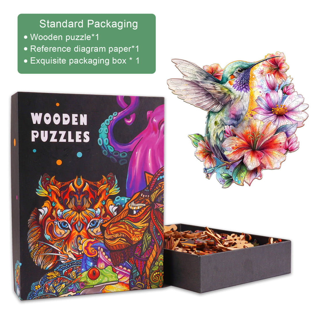Hummingbirds in Flowers wooden jigsaw puzzle packaging with colorful design and puzzle pieces.