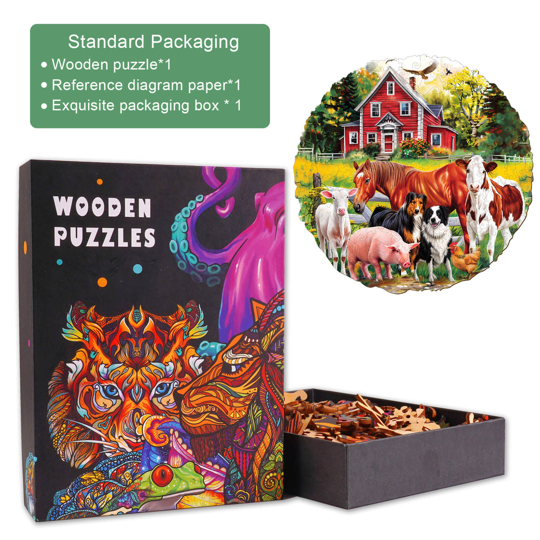 Farm Animals Wooden Jigsaw Puzzle in packaging, featuring vibrant design and various farm animals, perfect for mind games.