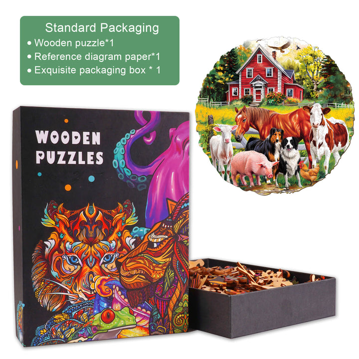 Farm Animals Wooden Jigsaw Puzzle in packaging, featuring vibrant design and various farm animals, perfect for mind games.