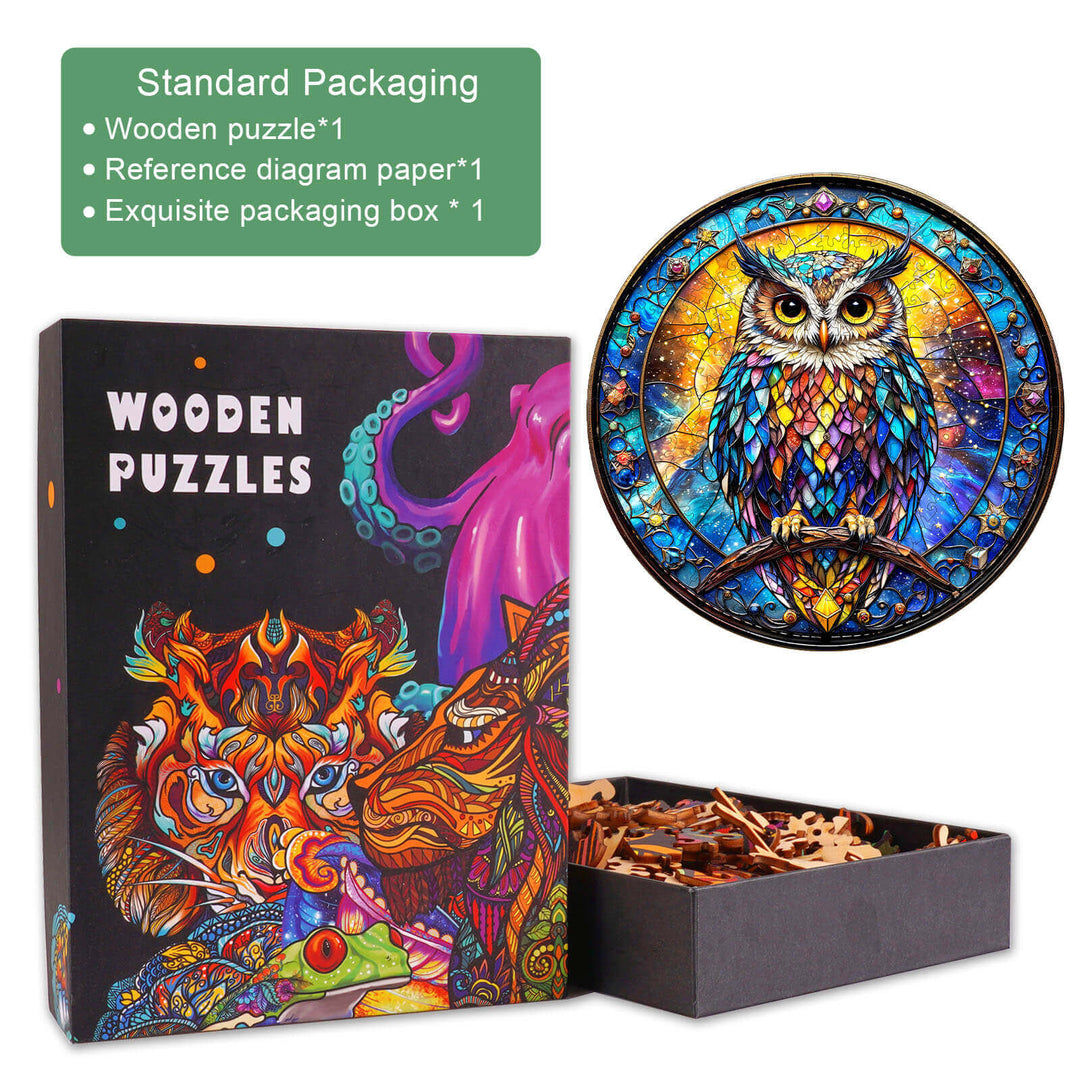 Iridescent Starwing wooden jigsaw puzzle with colorful owl design in exquisite packaging box for mind games.