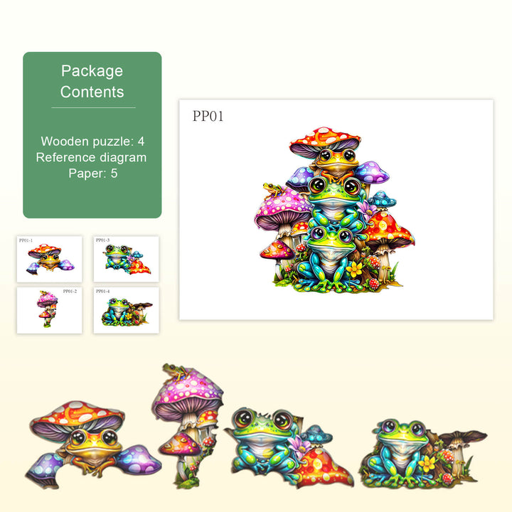 Colorful Frog Family puzzle showcasing vibrant frogs and mushrooms, designed for engaging mind games and improved focus.