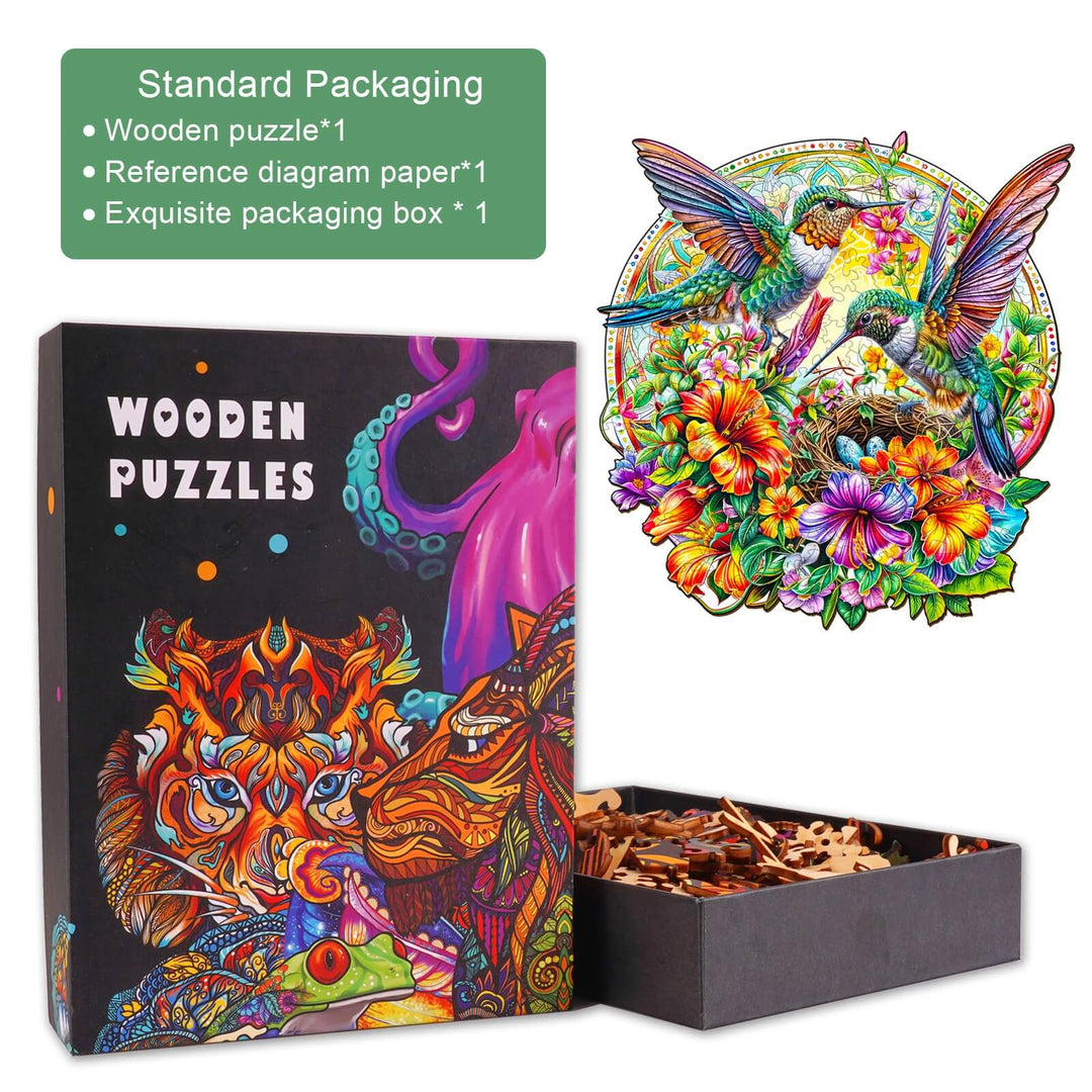 Hummingbird Haven wooden jigsaw puzzle packaging with vibrant artwork and puzzle pieces inside a box.