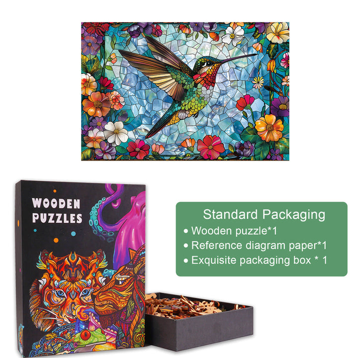 Stained Glass Hummingbird wooden jigsaw puzzle with vibrant flowers and packaging details for puzzle enthusiasts.