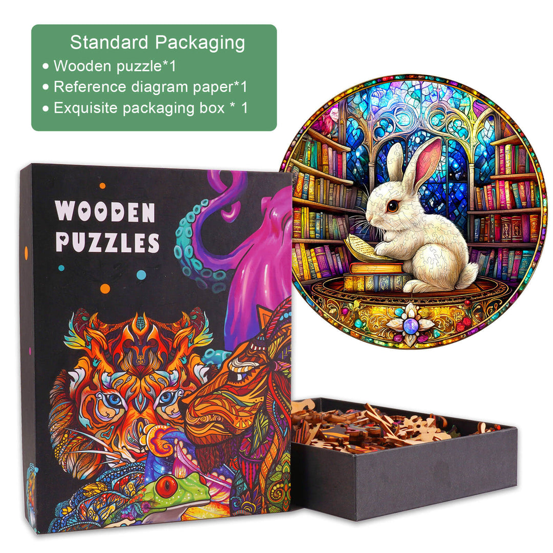 Library Rabbit Wooden Jigsaw Puzzle in colorful packaging, featuring a rabbit surrounded by books, ideal for mind games.