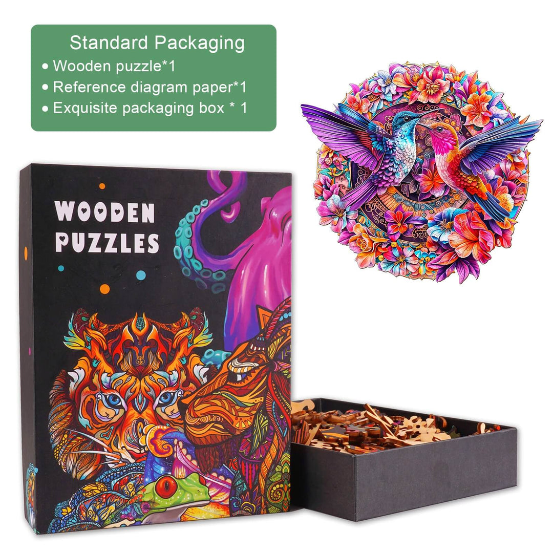 Flower Hummingbird wooden jigsaw puzzle in a box, vibrant design for mind games and focus enhancement.