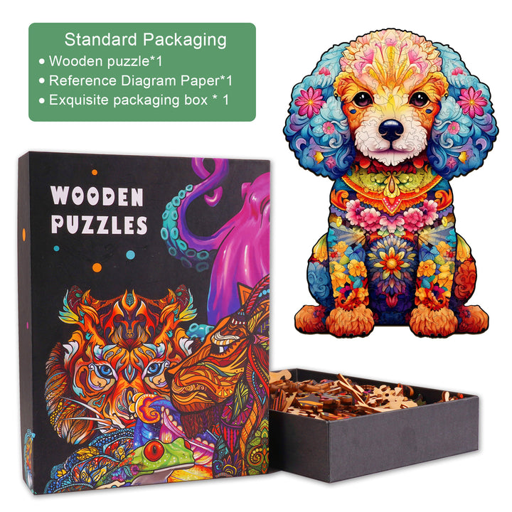 Cute Poodle wooden jigsaw puzzle in a colorful packaging, featuring vibrant artwork and included reference diagram.
