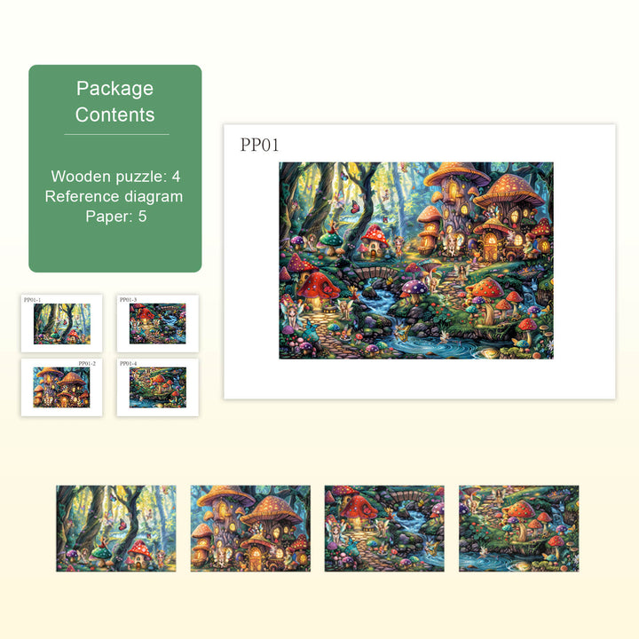 Colorful Fairy Village puzzle pieces and package contents, designed for mind games and focus enhancement.