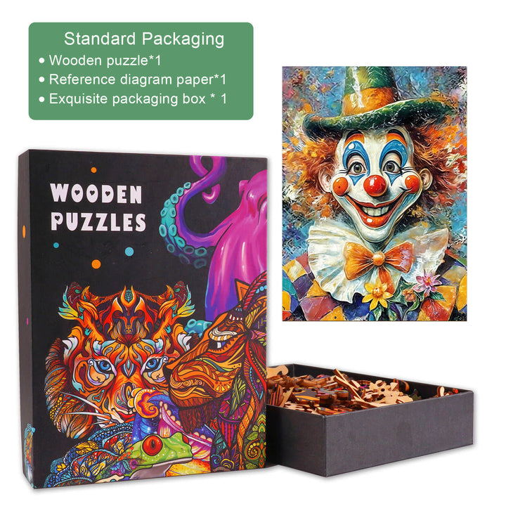 Oil painting clown wooden jigsaw puzzle in packaging with vibrant artwork and puzzle pieces for focused mind games.