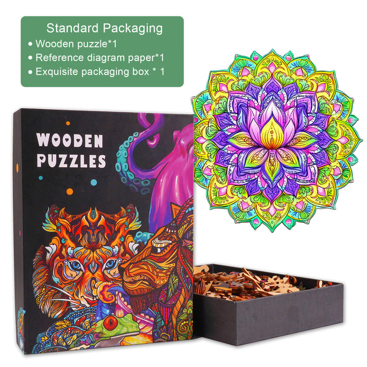 Mandala Lotus-1 wooden jigsaw puzzle in exquisite packaging, featuring colorful design and reference diagram for puzzle solvers.