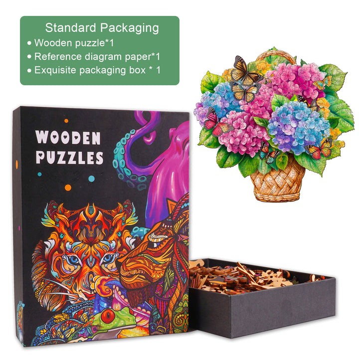 Colorful Flower Basket and Butterfly Wooden Jigsaw Puzzle in elegant packaging with pieces displayed.