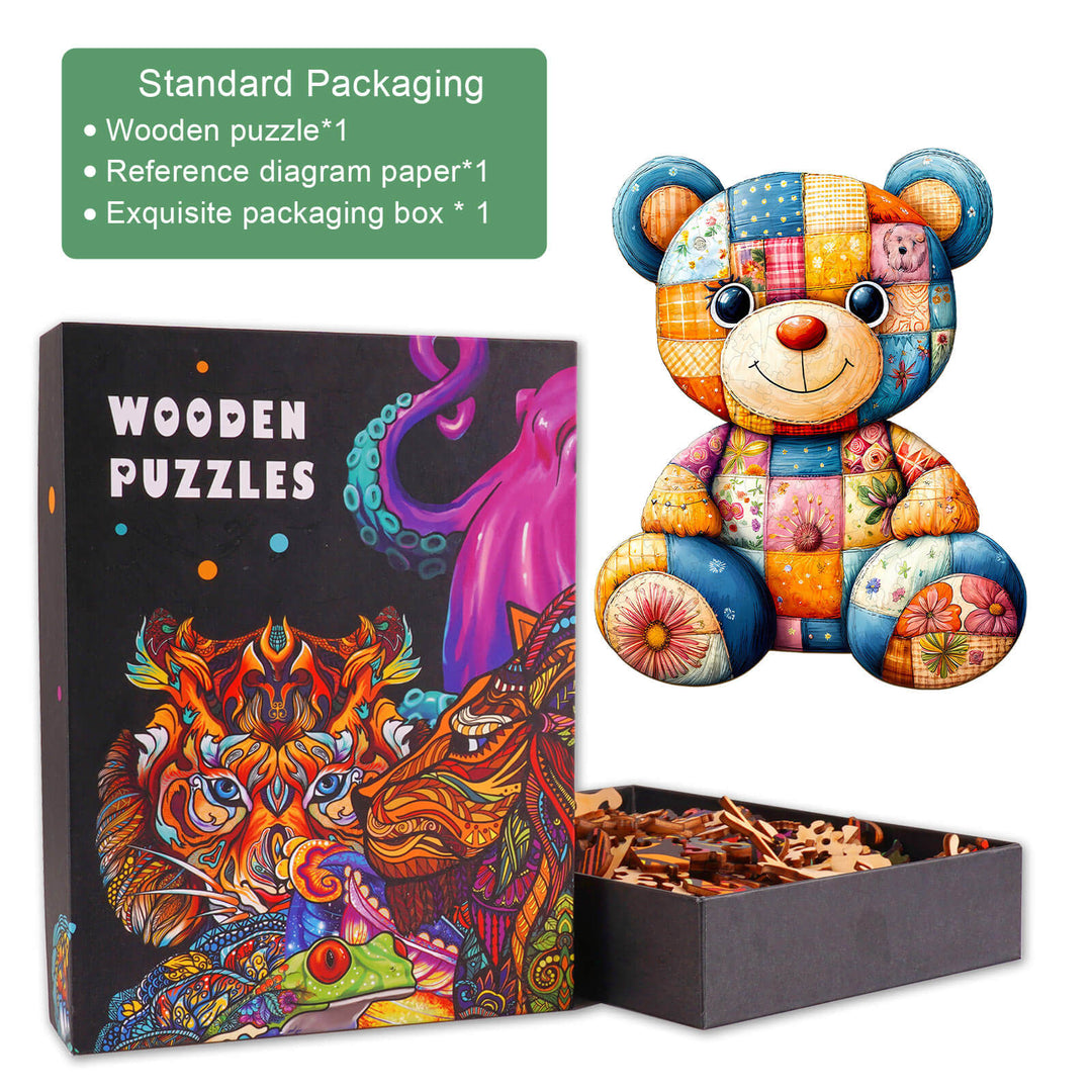 Colorful patchwork bear wooden jigsaw puzzle box and pieces for mind games and focus enhancement.