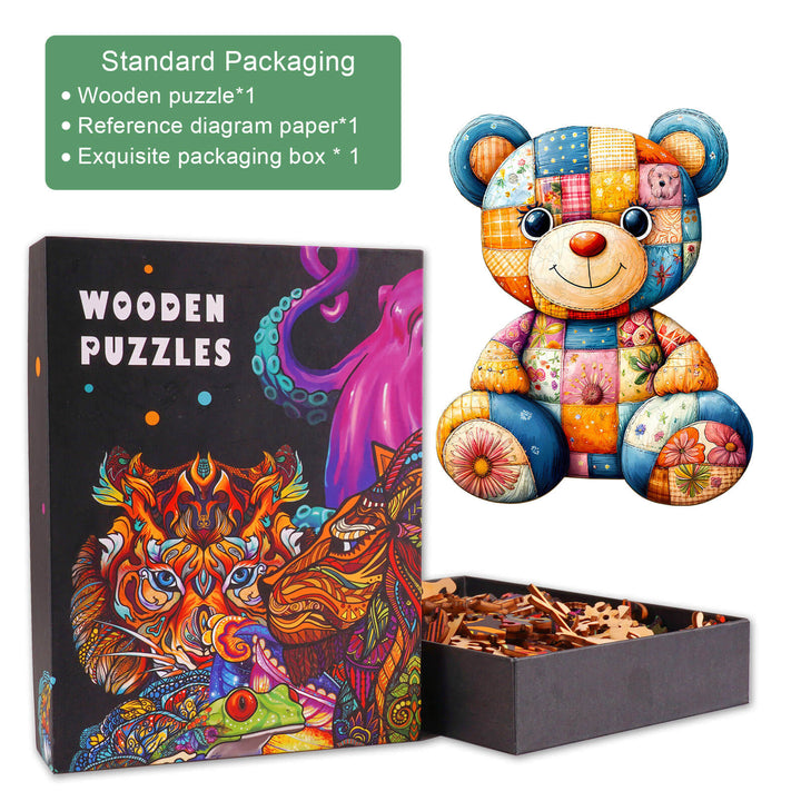 Colorful patchwork bear wooden jigsaw puzzle box and pieces for mind games and focus enhancement.