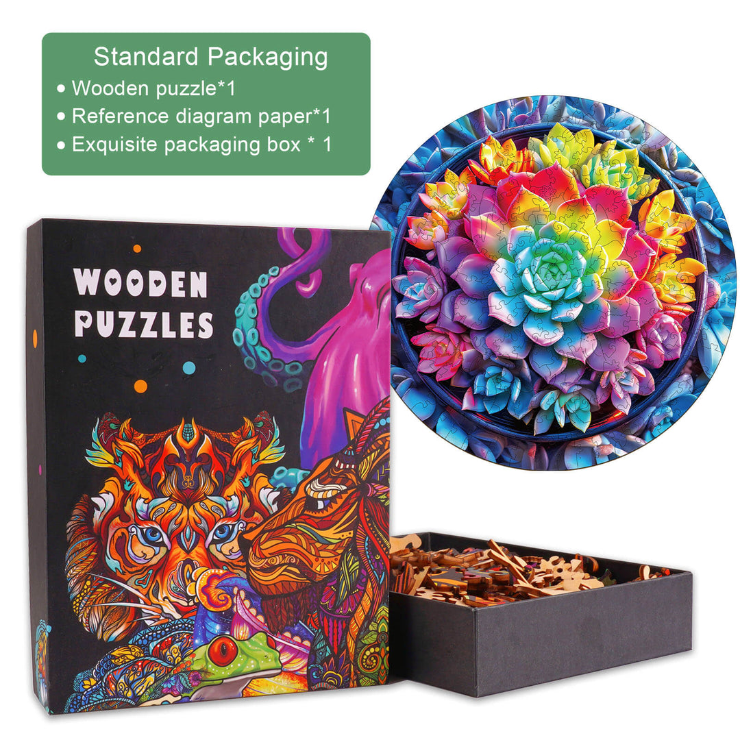 3D succulent plants wooden jigsaw puzzle with vibrant colors, featuring exquisite packaging and reference diagram.