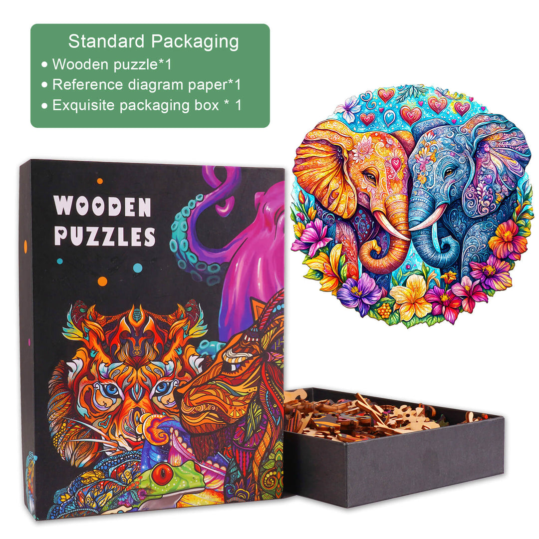Colorful Snuggling Elephant wooden jigsaw puzzle with vibrant packaging and pieces for mind games and focus.