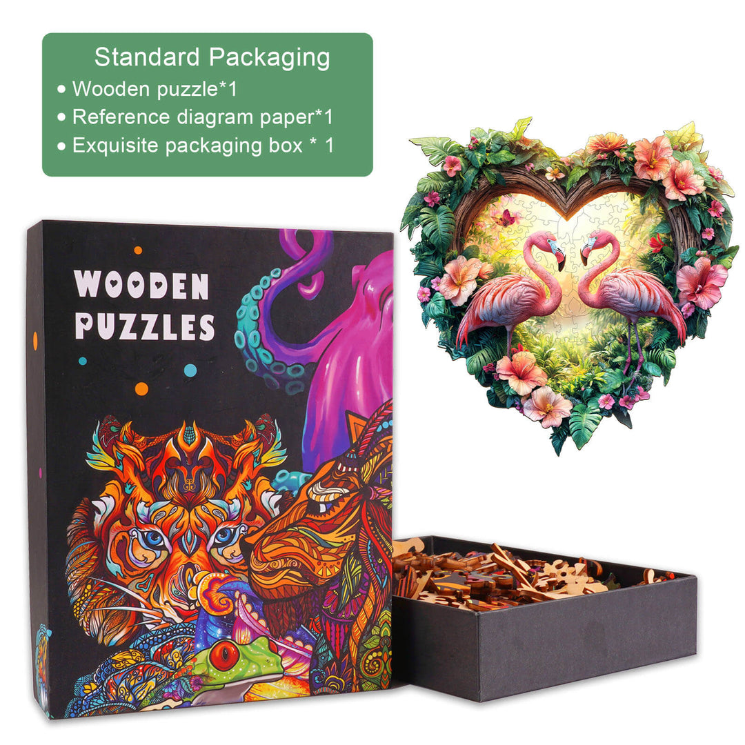 Love Flamingos wooden jigsaw puzzle box with vibrant artwork and heart-shaped flamingo design, perfect for mind games.