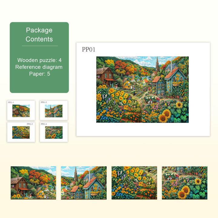 Package contents of Party Puzzle-Sunny Fields, featuring a vibrant wooden puzzle and reference diagrams.