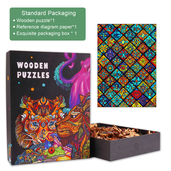 Mandala Kaleidoscope-1 wooden jigsaw puzzle packaging with vibrant design and colorful pieces for mind games.