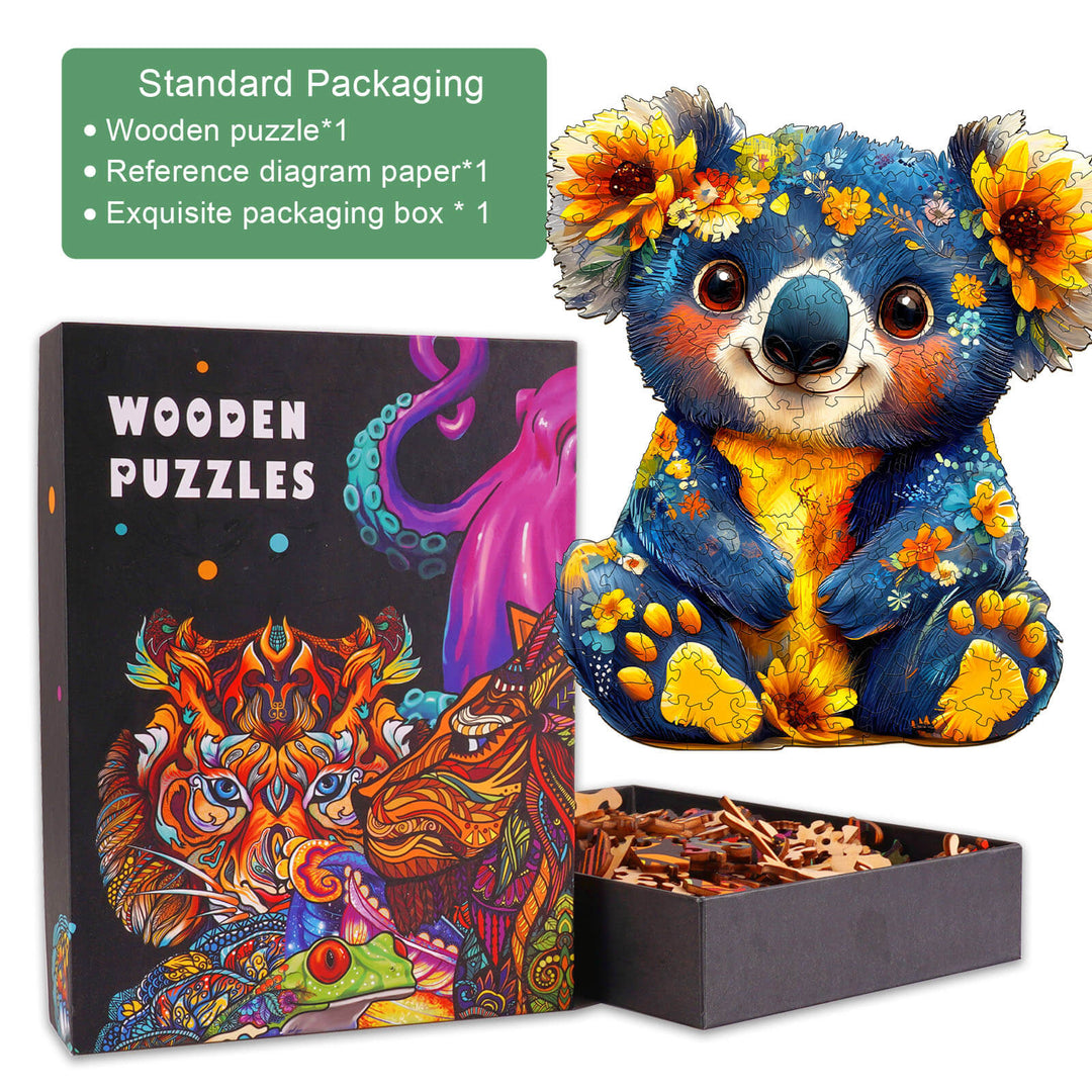 Colorful Koala Wooden Jigsaw Puzzle with detailed packaging and puzzle pieces, ideal for mind games and focus training.