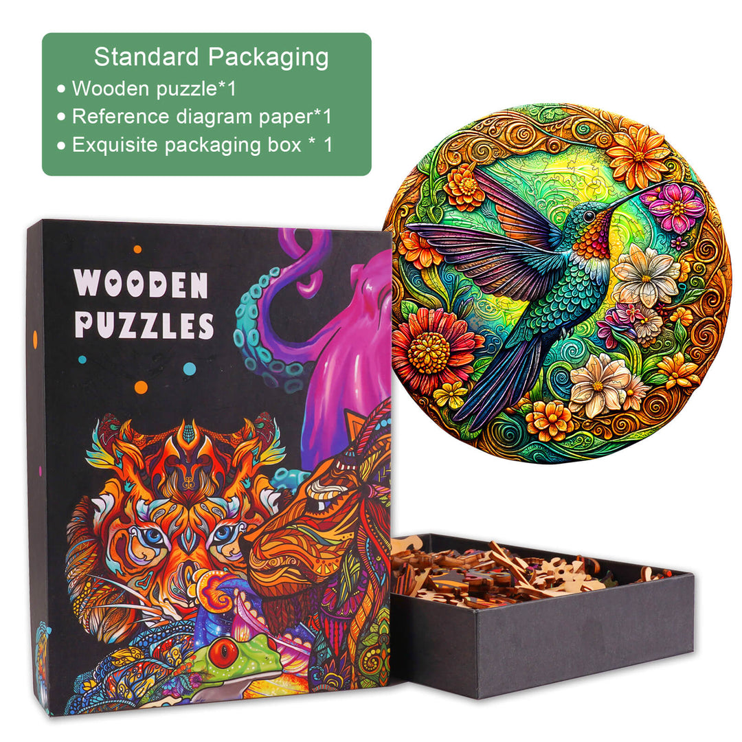 Vintage Hummingbird wooden jigsaw puzzle in exquisite packaging with colorful floral design, ideal for brain games and focus.