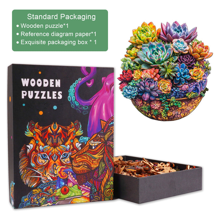 Wooden jigsaw puzzle featuring vibrant succulent design, complete with a decorative box and reference diagram for puzzle solving.