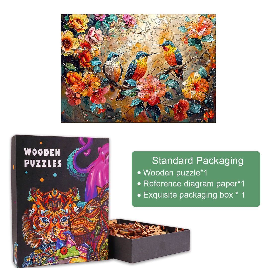 Hummingbird Garden wooden jigsaw puzzle in colorful floral design, with standard packaging and reference paper.