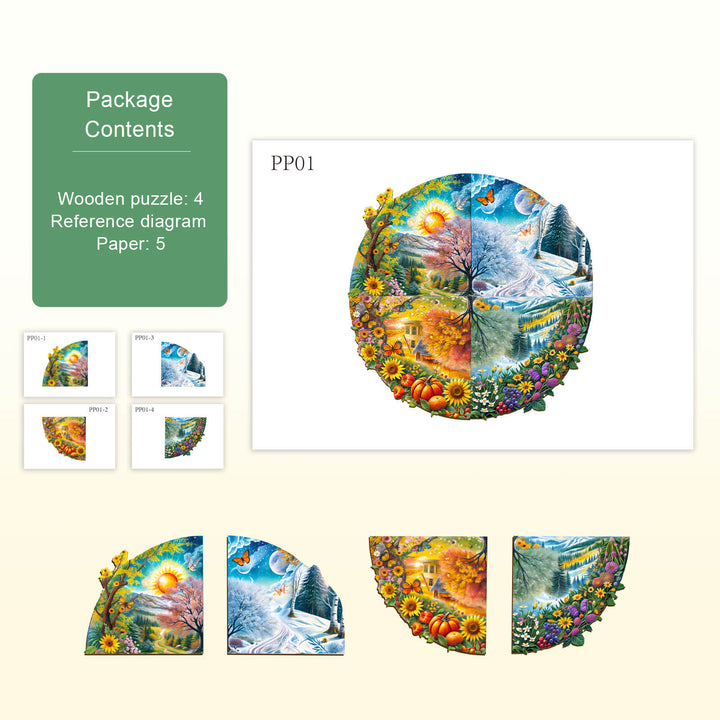 Party Puzzle-Four Seasons package contents with wooden pieces and seasonal reference diagrams for jigsaw exploration.