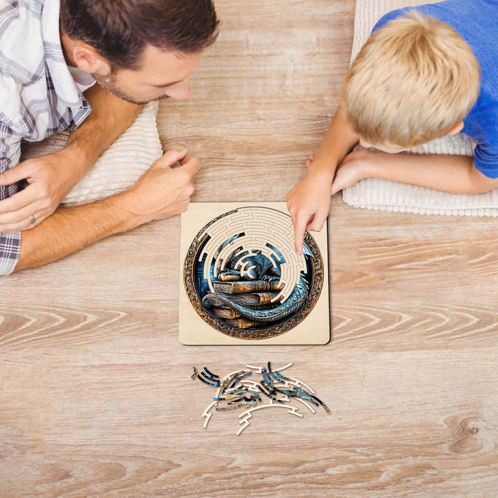 Father and son solving the Maze Puzzles—Ancient protector on a wooden floor, enhancing focus and critical thinking.
