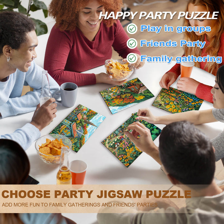 Group of friends enjoying the Happy Party Puzzle at a gathering, showcasing fun and engagement during puzzle solving.