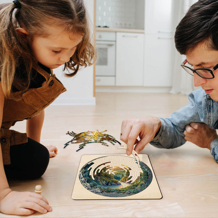 A child and adult happily solving a Maze Puzzles—Green Stream on the floor, enhancing focus and cognitive skills.