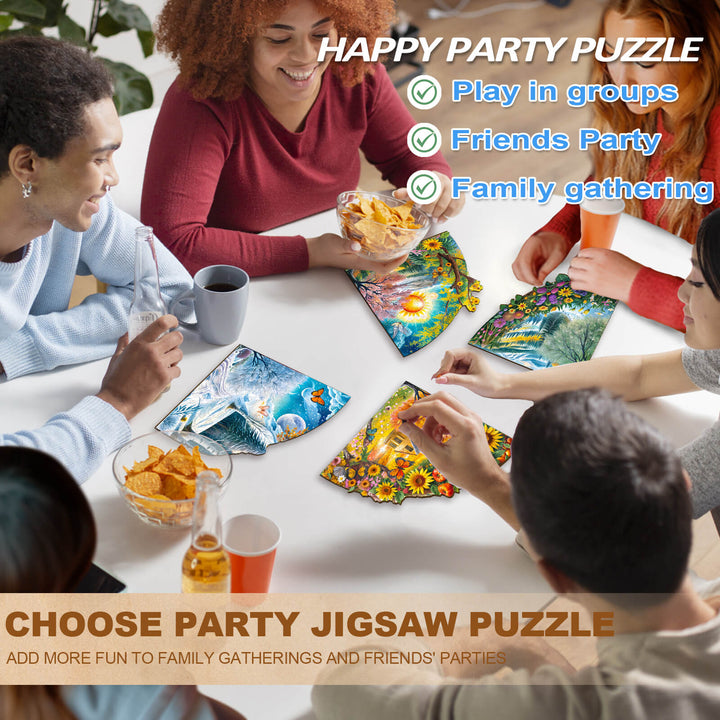Group of friends and family enjoying the Party Puzzle-Four Seasons, perfect for gatherings and enhancing focus.